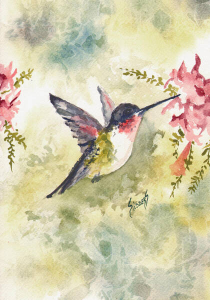Hummingbird and Pink Flowers Wall Art