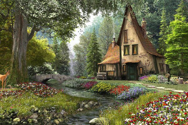 Charming Forest Cottage by Stream Wall Art