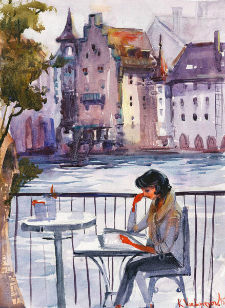 Woman Reading by a Riverside Café Wall Art