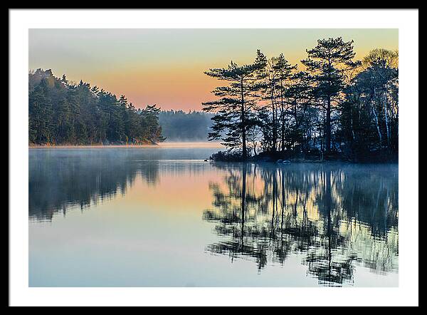 Misty Lakeside Sunrise Framed Print