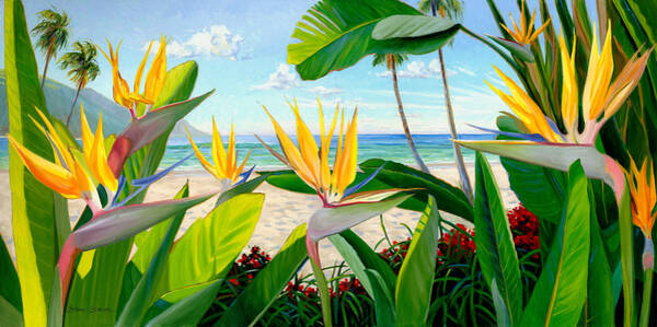 Tropical Beach with Bird of Paradise Wall Art