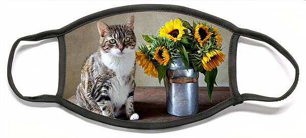 Cat and Sunflowers Still Life Face Mask