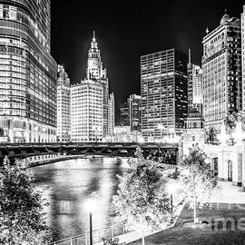 Chicago River Buildings at Night in Black and White by Paul Velgos