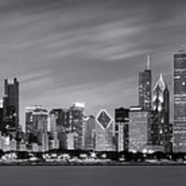 Chicago Skyline at Night Black and White Panoramic by Adam Romanowicz