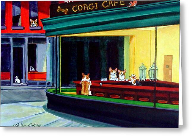 Corgis at a Busy Cafe Greeting Card