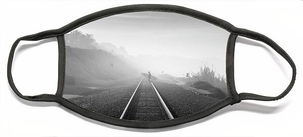 Surfer Walking Along Foggy Tracks Face Mask
