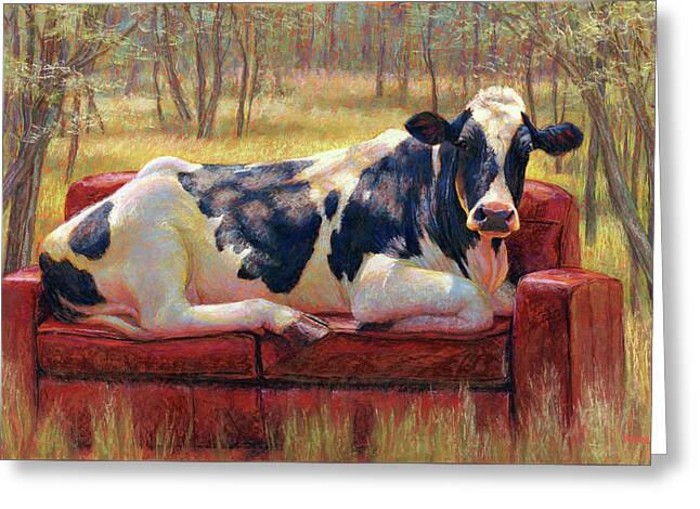 Cow Relaxing on a Red Sofa Greeting Card