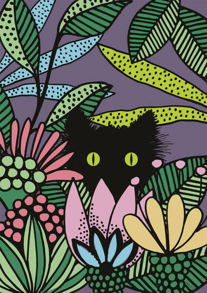 Black Cat Hiding in Vibrant Garden Wall Art