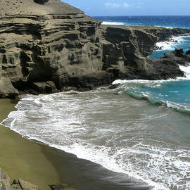 Hawaii Green Sand Secluded Beach with Volcanic Black Cliffs and Waves on Shore