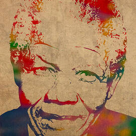 Nelson Mandela Watercolor Portrait on Worn Distressed Canvas by Design Turnpike