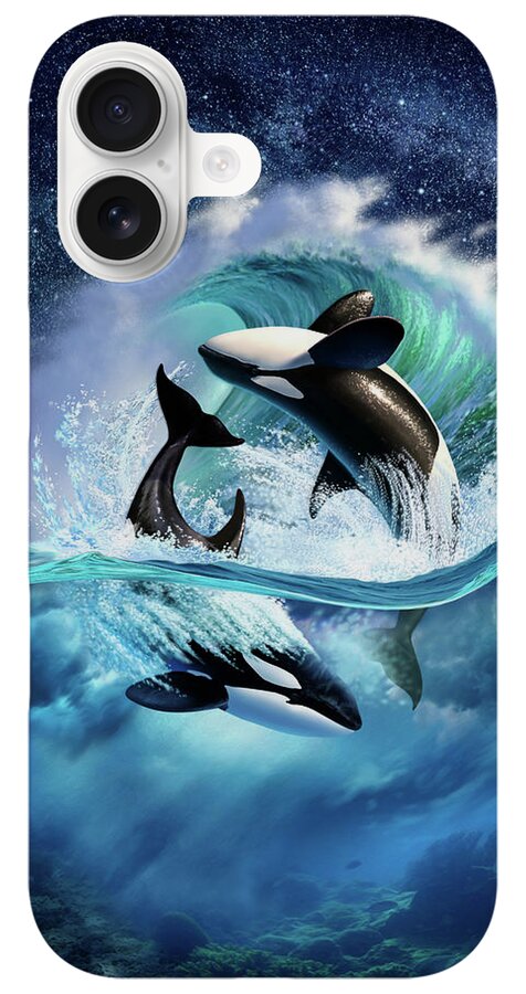 Orcas Leap Beneath a Starry Sky iPhone Case