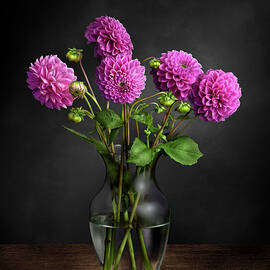 Pink Dahlias In A Glass Vase by Endre Balogh