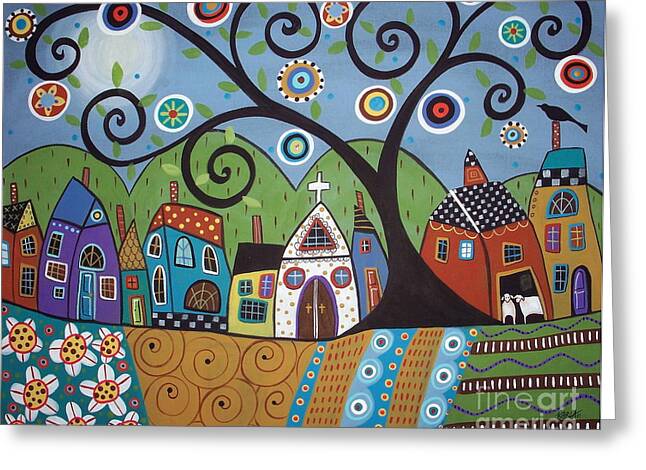 Whimsical Village and Tree Greeting Card