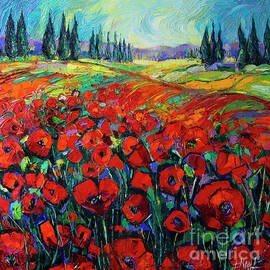 POPPIES AND CYPRESSES modern impressionist palette knives oil painting Mona Edulesco by Mona Edulesco
