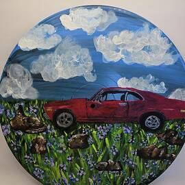 Red Car in a Flower Field