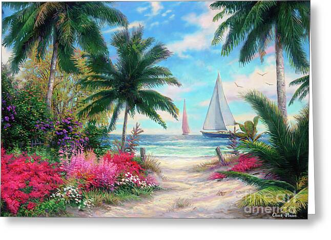 Tropical Beach with Sailing Boats Greeting Card