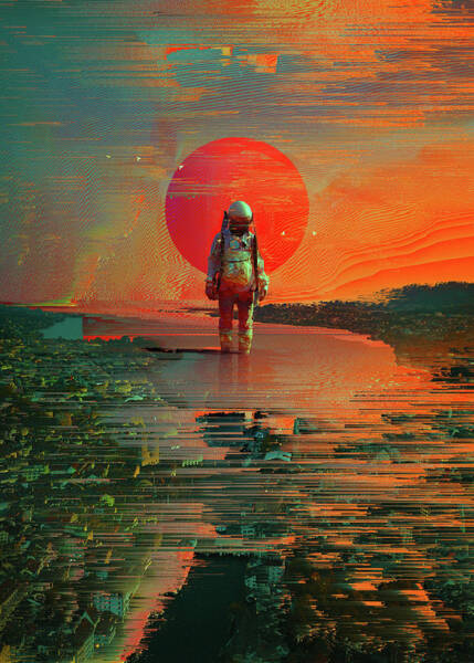 Astronaut on a Glitchy Sunset Horizon Wall Art