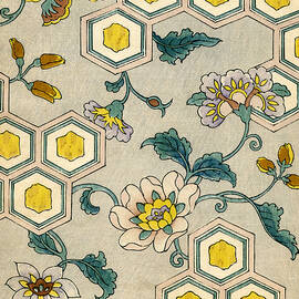Vintage Japanese illustration of blossoms on a honeycomb background by Japanese School