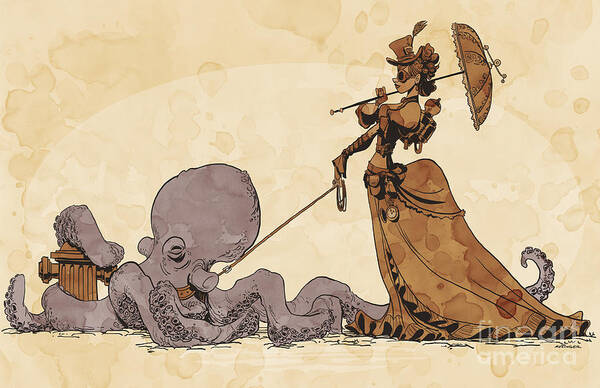 Victorian Lady Walking an Octopus Wall Art