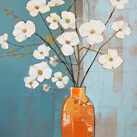 White and Turquoise Floral Art by Lourry Legarde