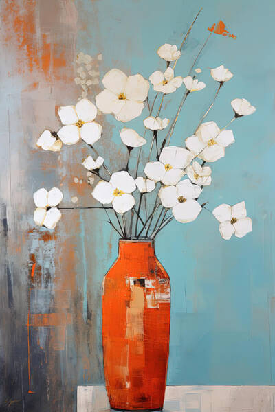 White Flowers in Orange Vase Wall Art