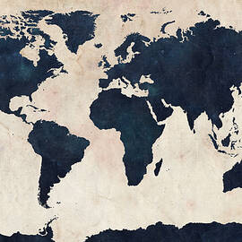 World Map Distressed Navy by Michael Tompsett