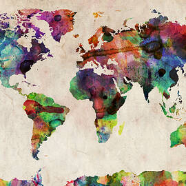 World Map Watercolor by Michael Tompsett